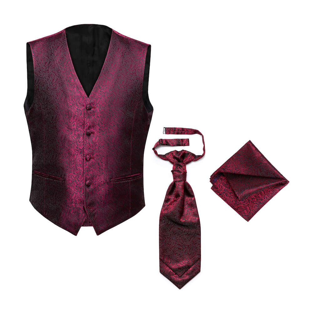 gilet-stropdas-pochette-bordeaux-DU0030 STGSP0006 Gilet - Plastron - Pochet in bordeaux Combi deal