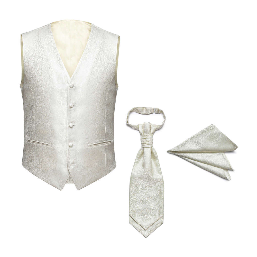 gilet-stropdas-pochette-ivoor-DU0024 STGSP0002 Gilet - Plastron - Pochet in Ivoor Combi deal