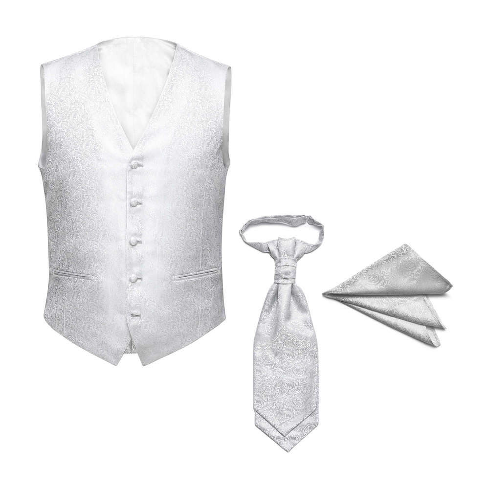 gilet-stropdas-pochette-wit-zilver-DU0023 STGSP0001 Gilet - Plastron - Pochet in Wit zilver Combi deal